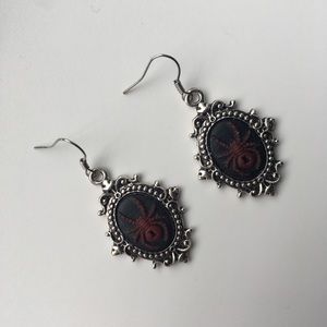 Red black widow spider cameo dangle earrings